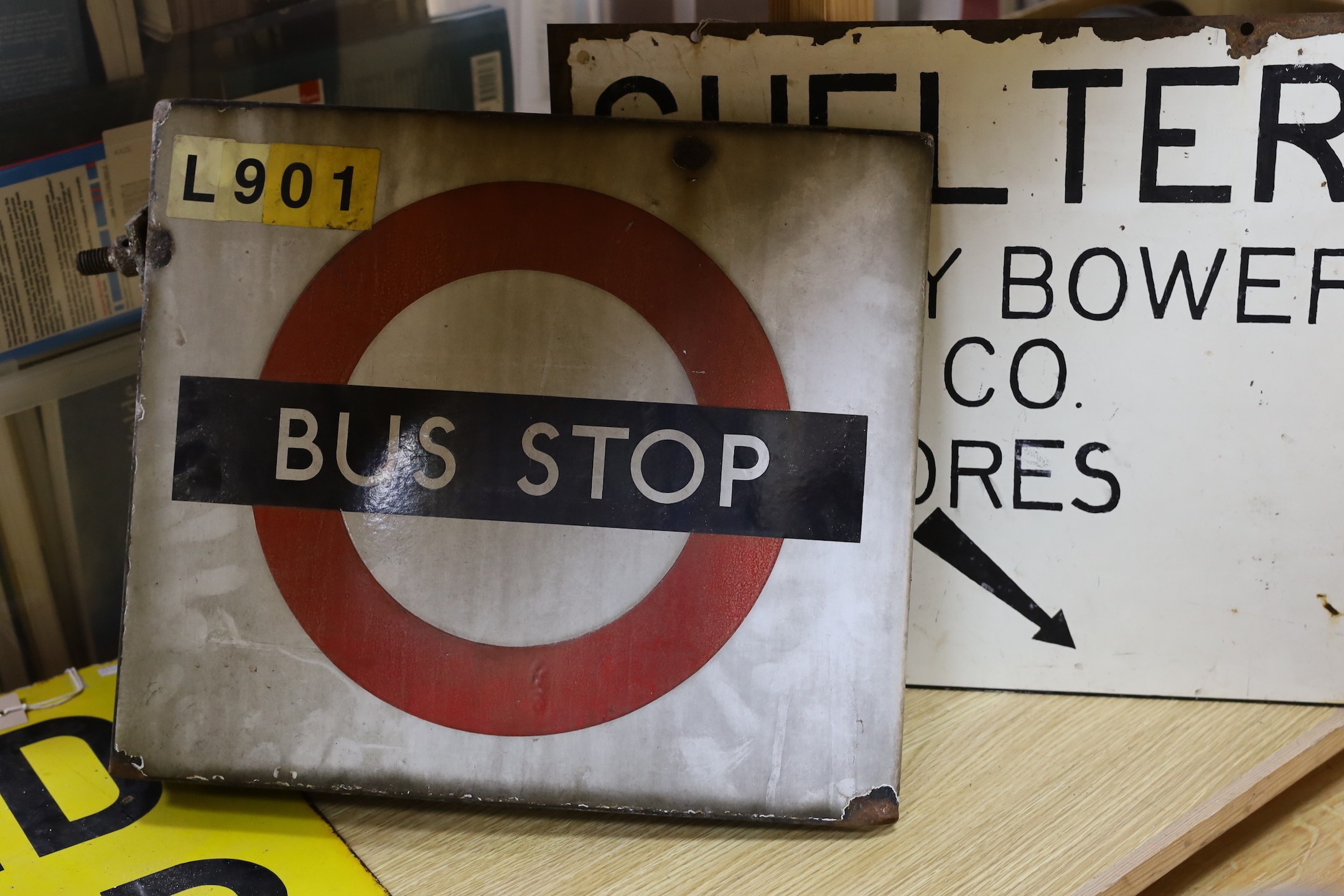 An Air Raid Shelter enamel sign, 61 x 77cm, and four other signs